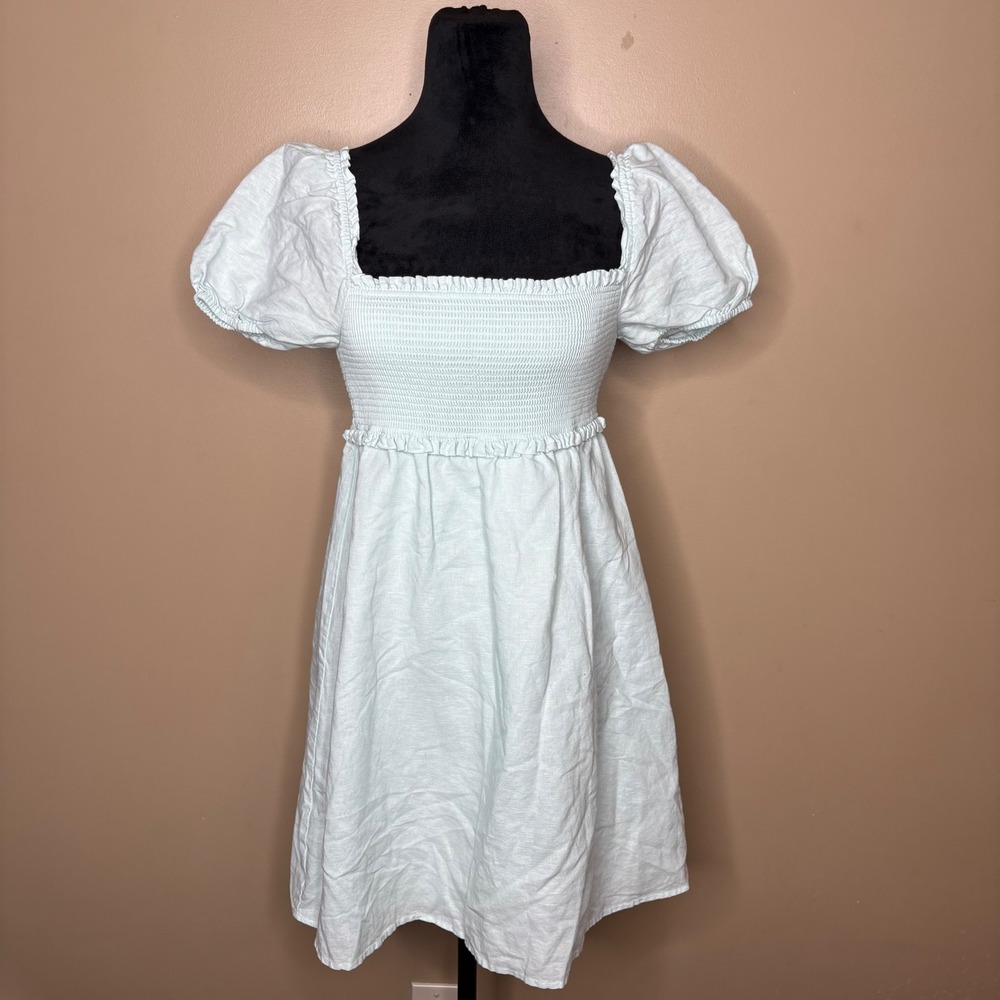 Sunday Best Aritzia Linen Cotton Smocked Puff Sleeve Mini Dress Small